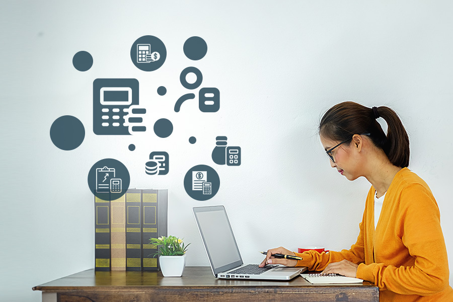 sideview of a female virtual assistant seated at her desk with graphics superimposed that show the many tasks she can help with