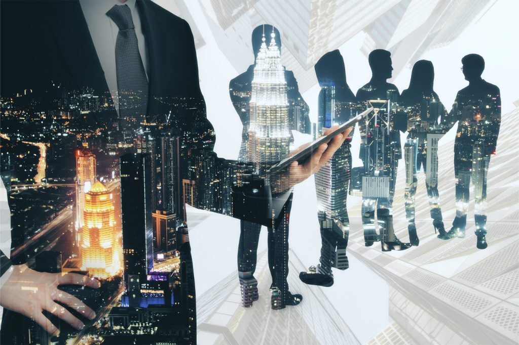 silhouettes of job seekers in line with lights of the city superimposed, signifying today's competitive business environment